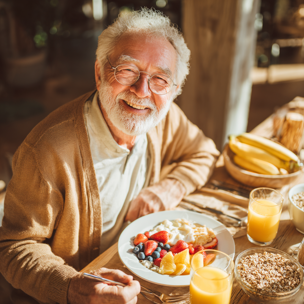 Smiling elderly European woman preparing healthy vegetables in a bright modern kitchen