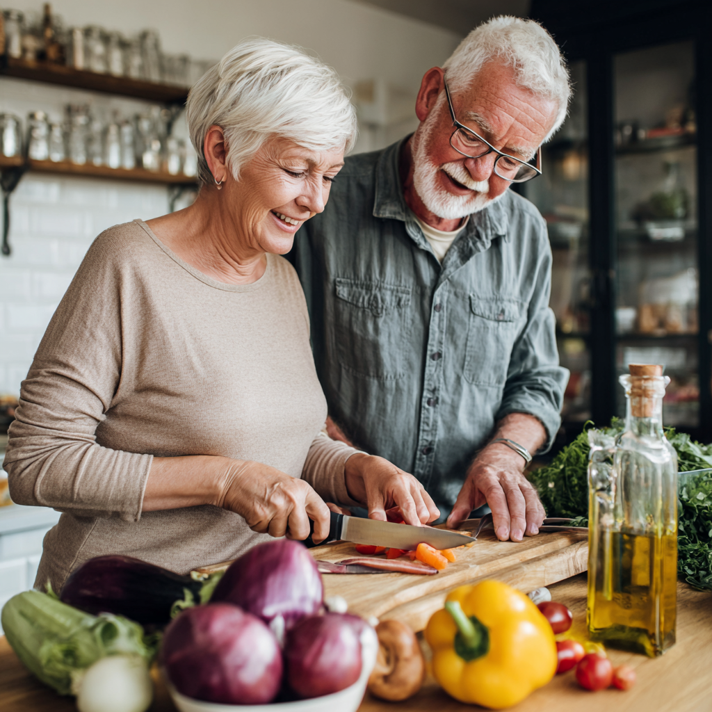 Happy elderly European couple cooking together with fresh vegetables and herbs in a warm kitchen setting